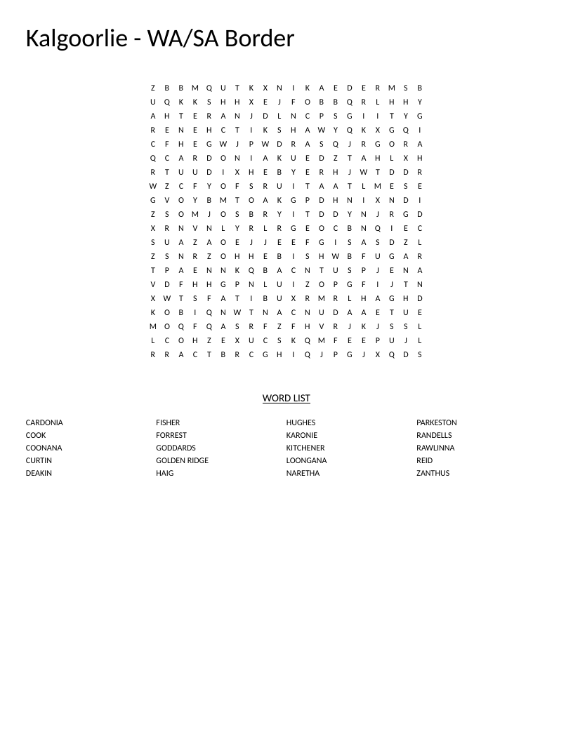 Kalgoorlie region word search with Australian town names like Parkeston, Forrest, and Curtin.