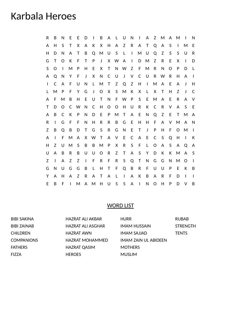 Karbala Heroes word search with Islamic figures including Imam Hussain and Bibi Zainab.