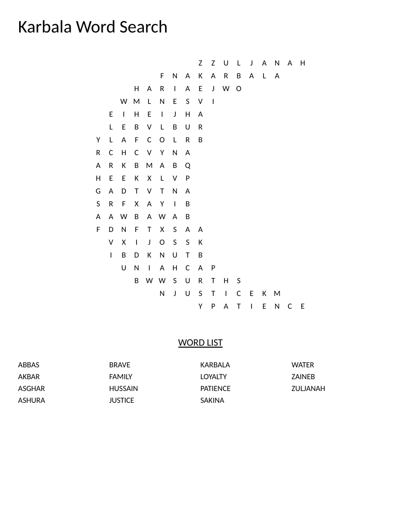 Moon-shaped Karbala word search with Islamic history words including Hussain and Ashura.