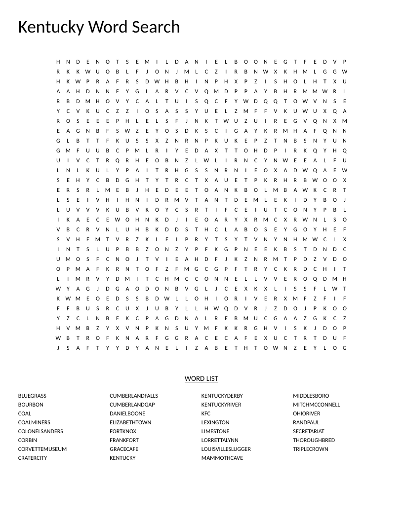 Kentucky word search with words like Kentucky Derby, Mammoth Cave, and Colonel Sanders.
