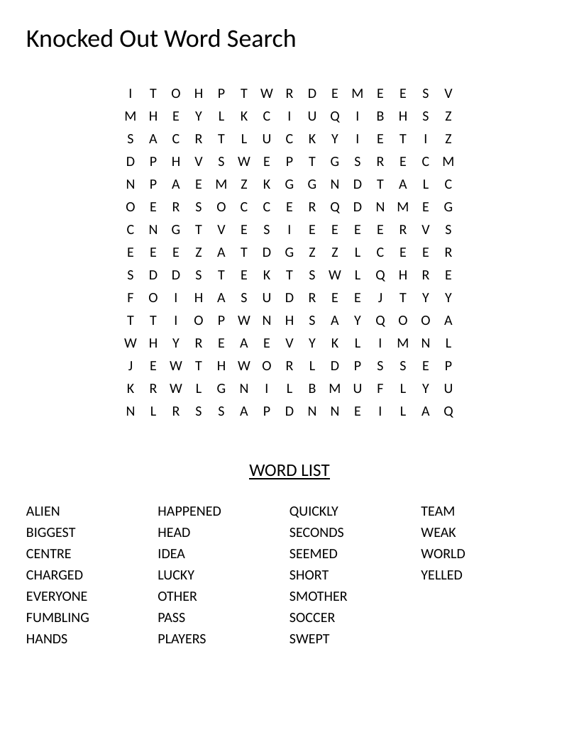 Soccer word search with sports vocabulary including players, charged, head, and fumbling.