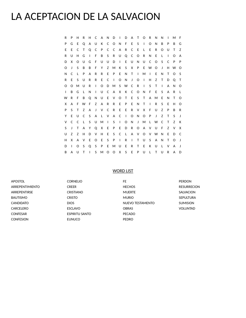 Spanish Bible word search with salvation-themed words like bautismo, arrepentimiento, and resurrección.
