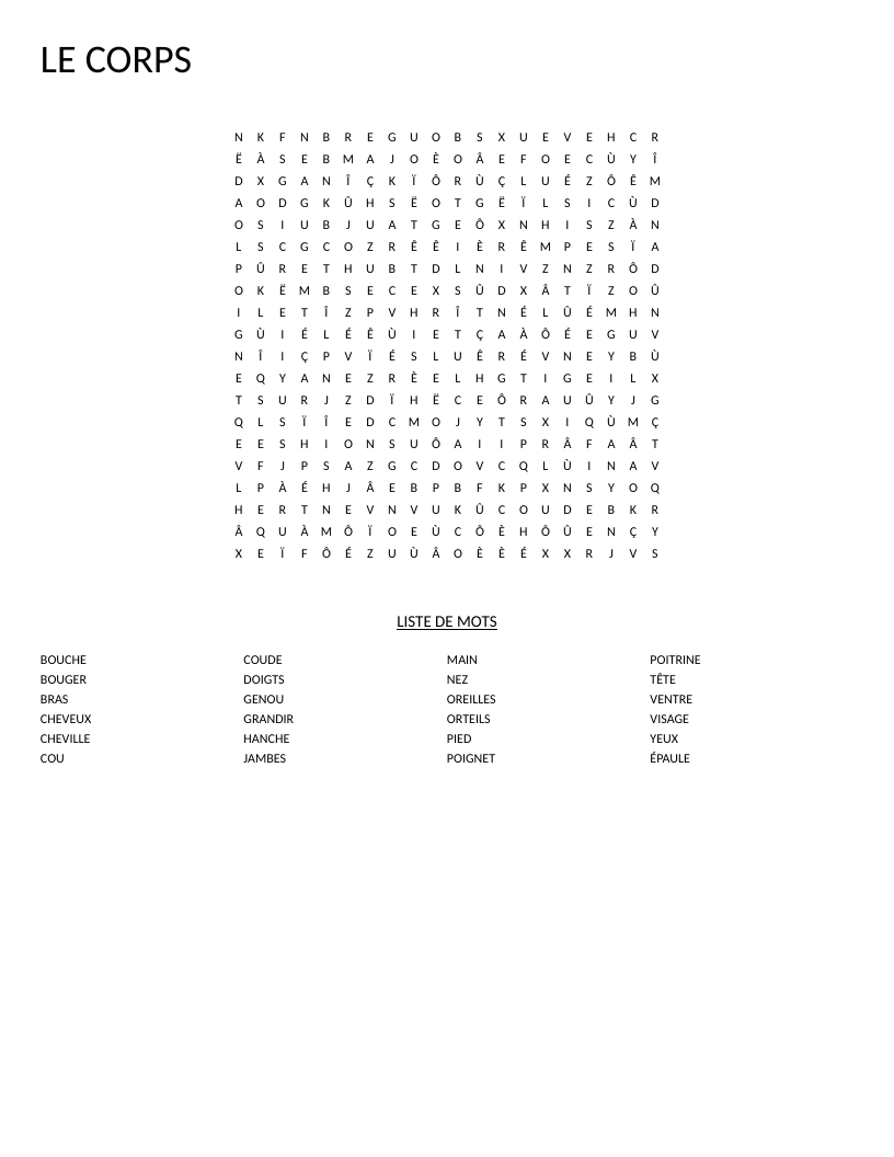 French body-parts word search with words like bras, jambes, tête, and épaule.