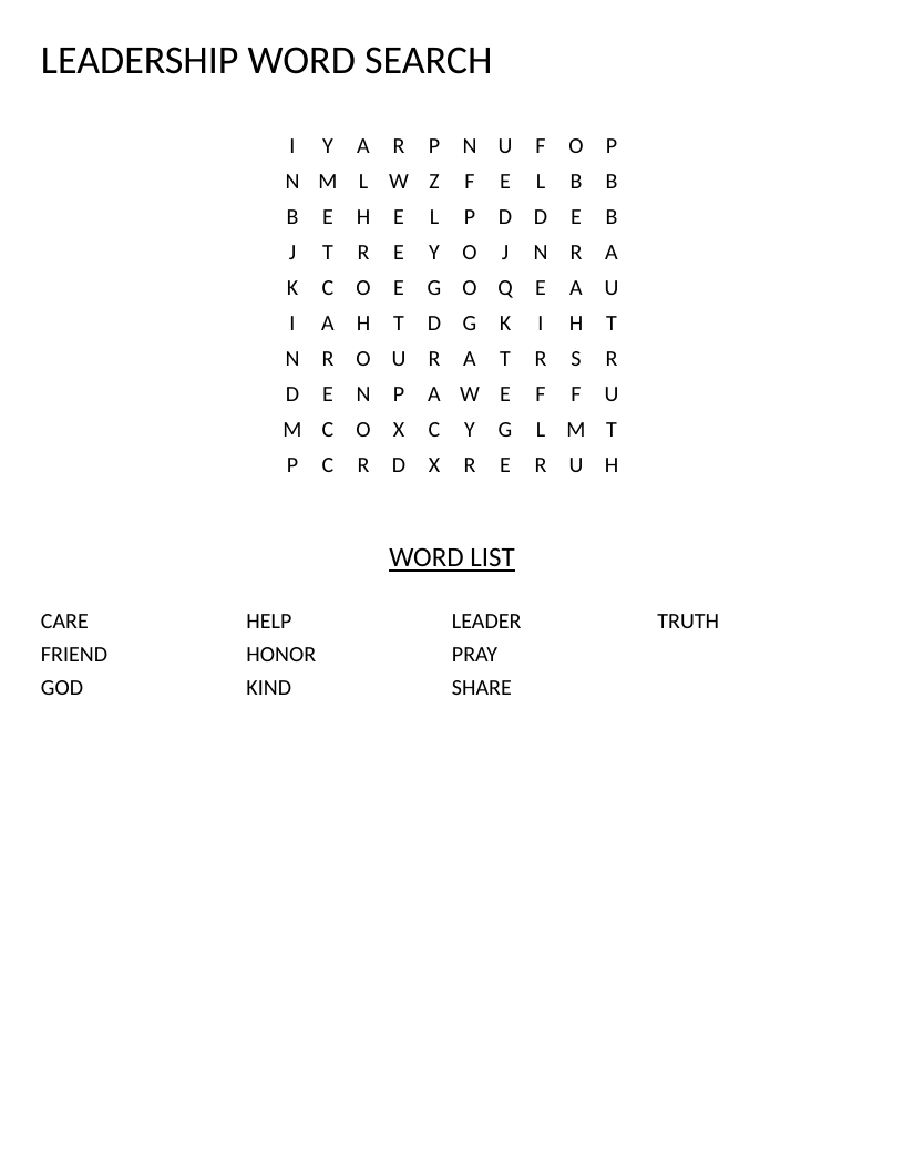 Leadership word search for early elementary with words like kind, share, help, and honor.