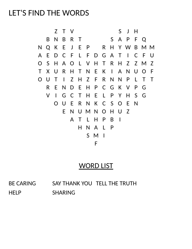 Heart-shaped word search for early elementary with kindness and caring words.