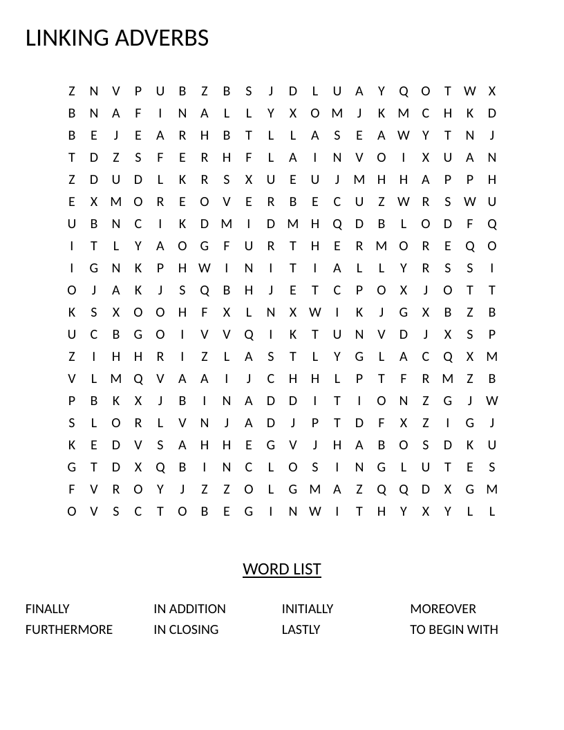 Linking adverbs word search with words like moreover, furthermore, and finally.