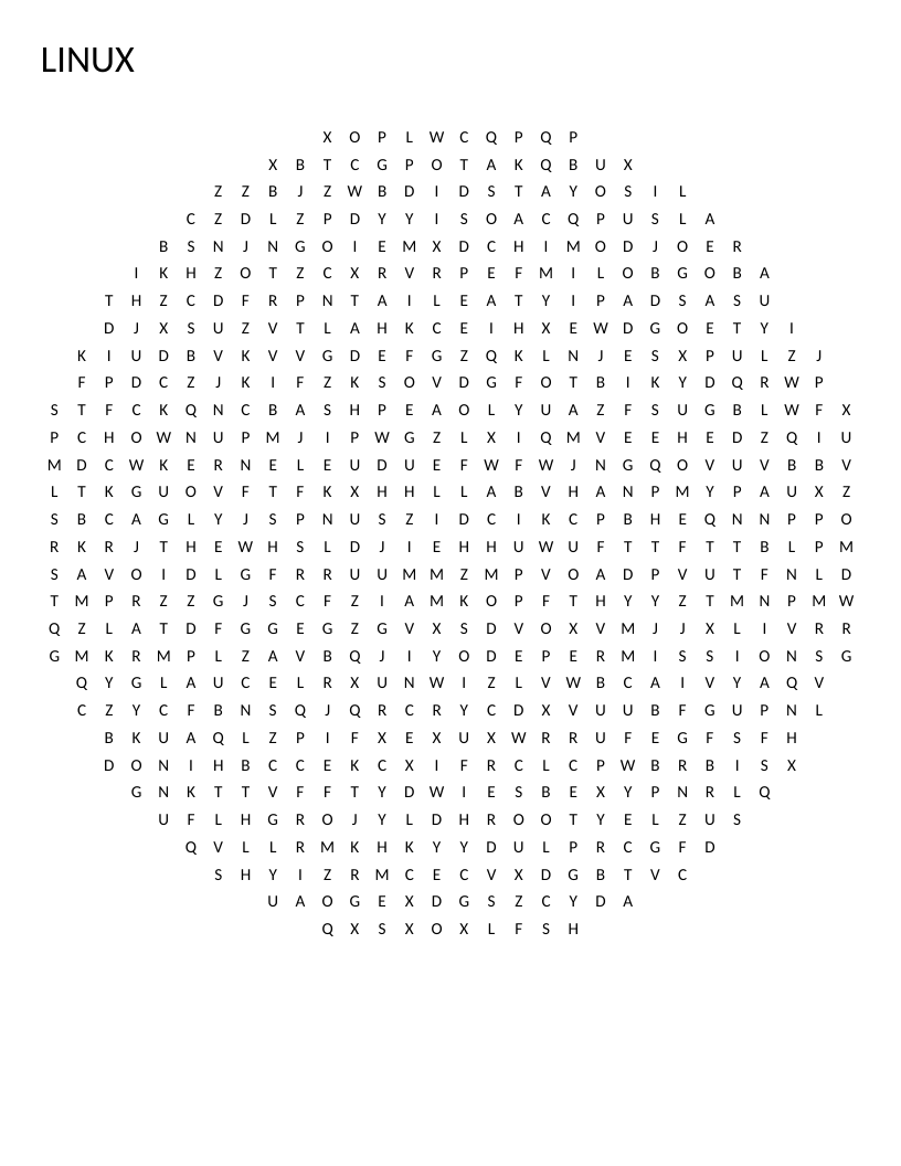 Circle-shaped Linux word search with command-line vocabulary including bash, grep, and sudo.