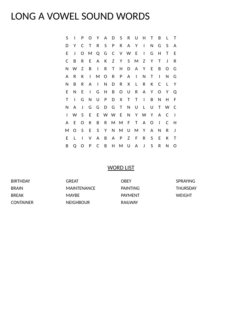 Long A vowel sound word search with words like painting, payment, and railway.