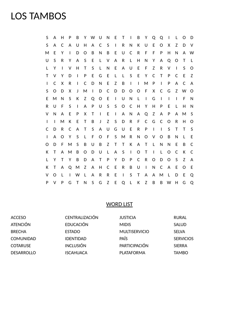 Spanish Los Tambos word search with words like descentralización, multiservicio, and inclusión.