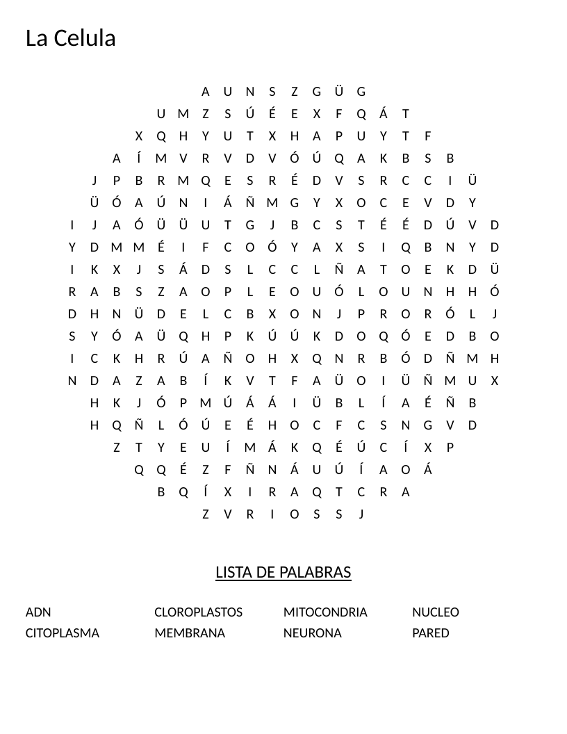 Circle-shaped Spanish cell biology word search with words like núcleo and mitocondria.