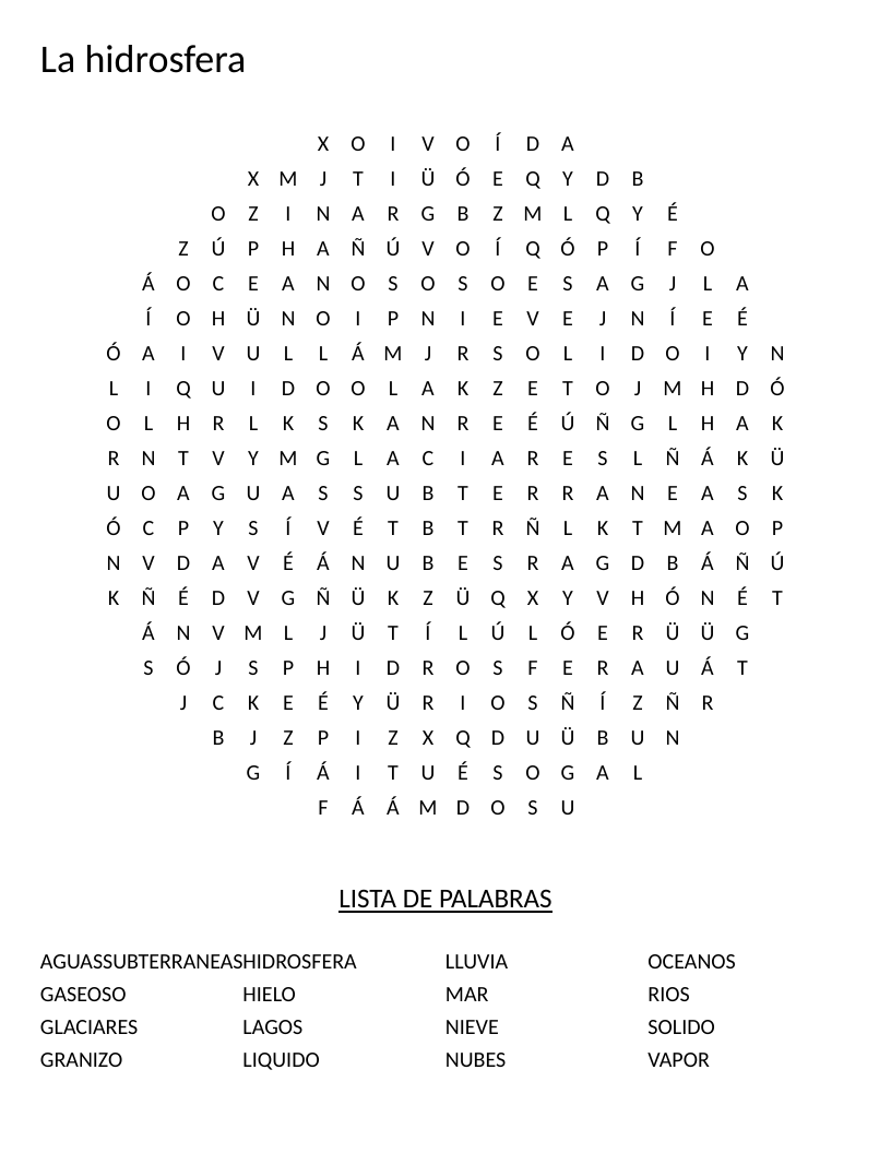 Circle-shaped Spanish hydrosphere word search with words like océanos, ríos, and glaciares.
