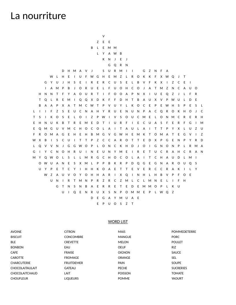 Pumpkin-shaped French food word search with vocabulary like poulet, fraise, fromage, and chocolat.