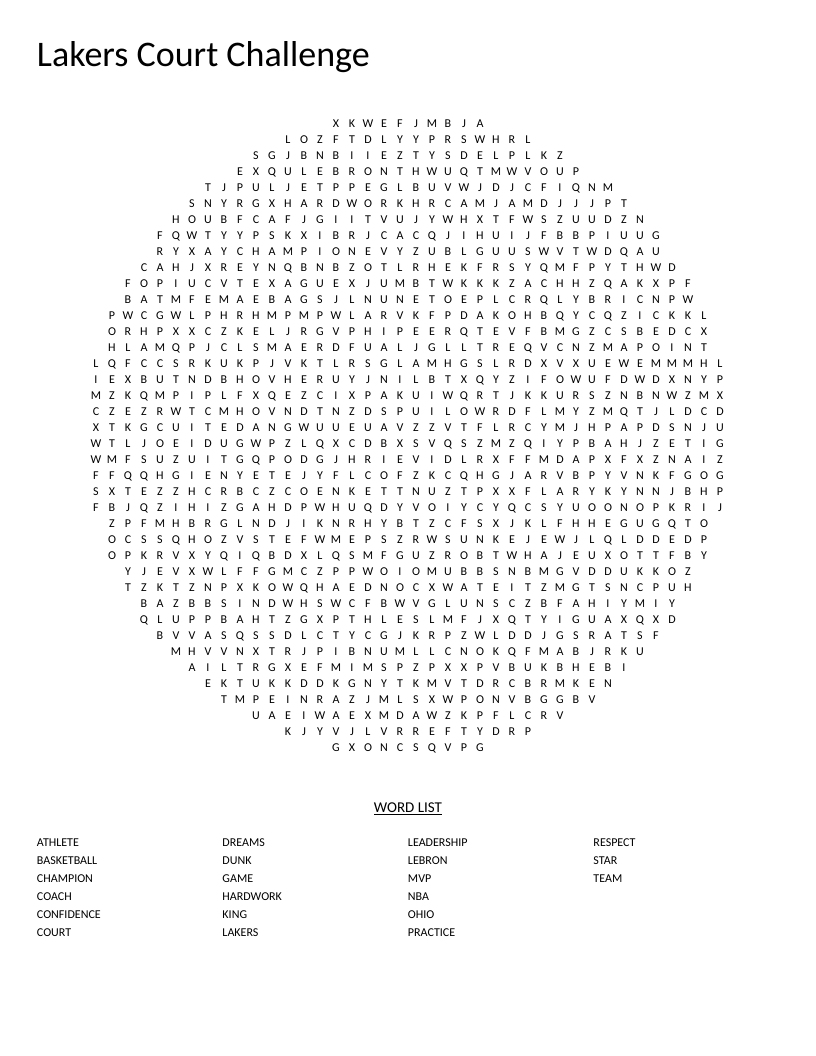 Circular basketball word search with words like LeBron, Lakers, champion, and dunk.