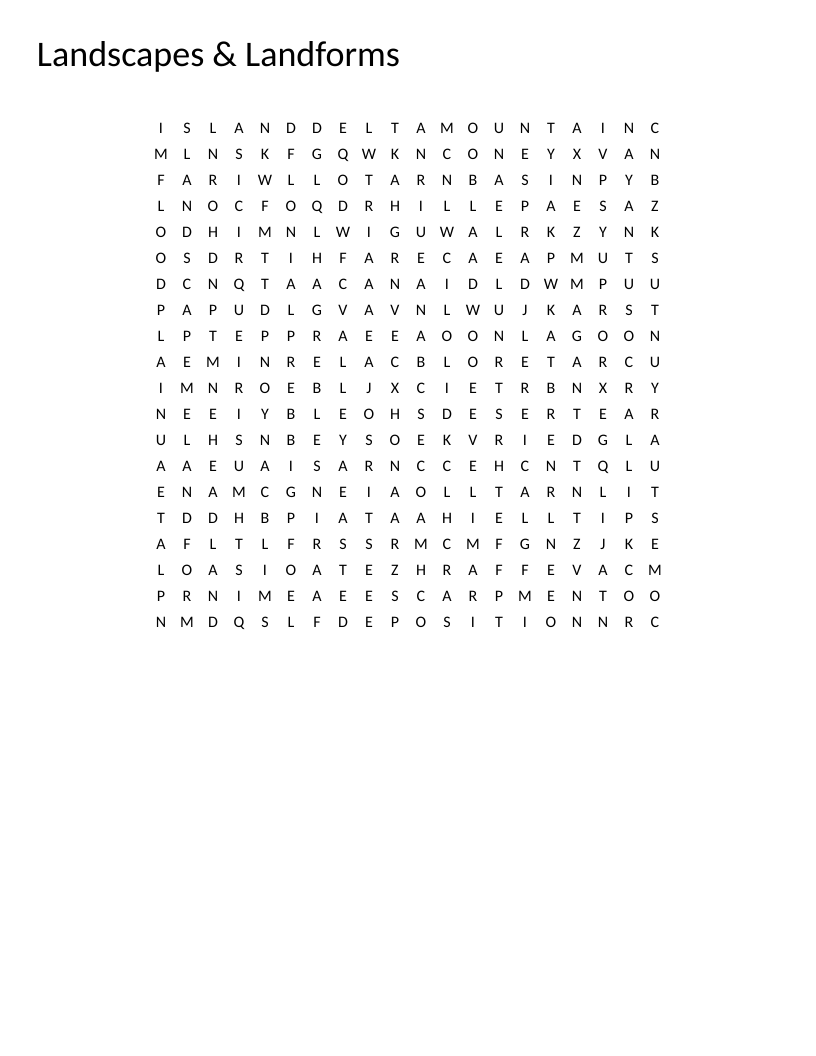 Earth science word search with 68 landform words including alpine, glacier, canyon, and delta.