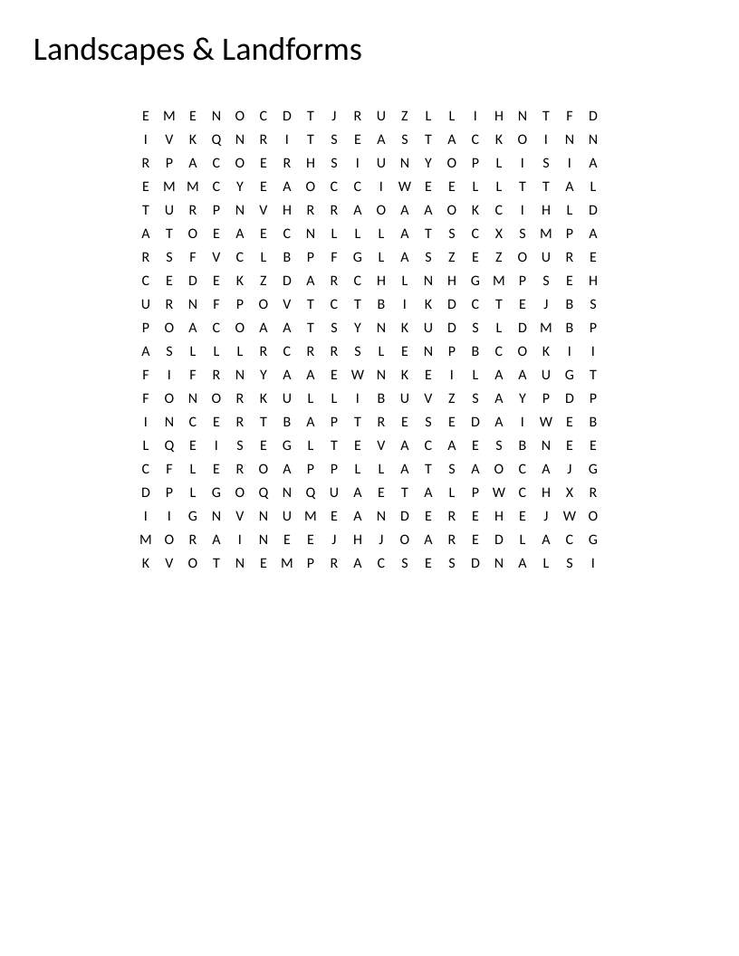 Landforms and earth-science word search with terms like canyon, glacier, volcano, and erosion.