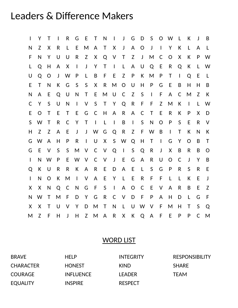 Leaders & Difference Makers word search with words like integrity, courage, inspire, and respect.