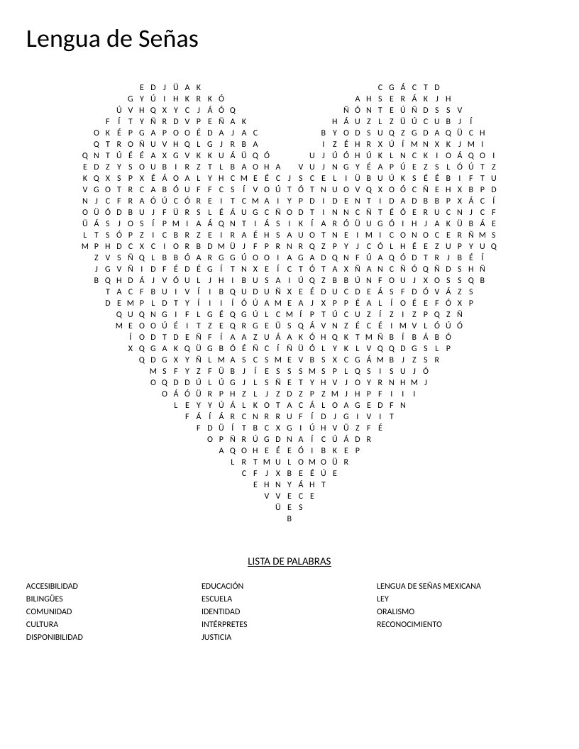 Heart-shaped word search on Mexican Sign Language with words like accesibilidad, intérpretes, and comunidad.