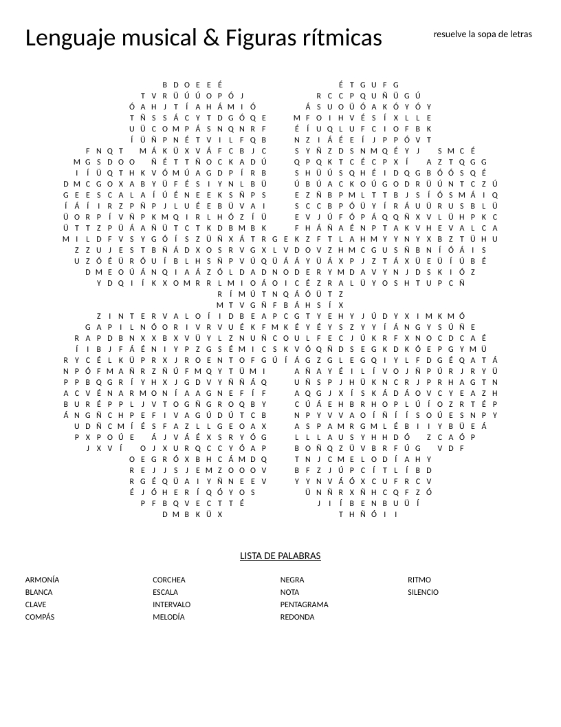 Spanish music-theory word search with clover shape featuring pentagrama, ritmo, and nota words.