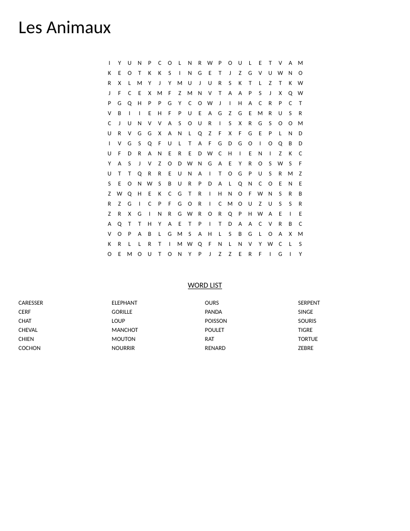 French animals word search with vocabulary like ours, chat, elephant, and tigre.