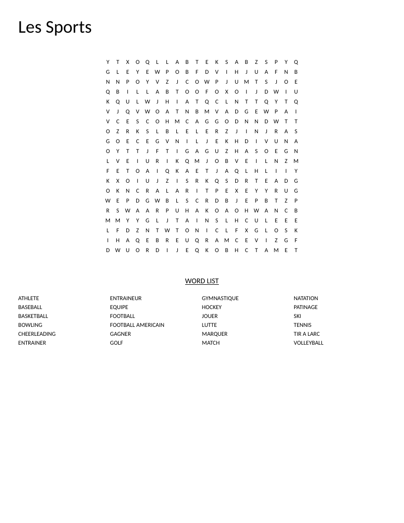 French sports word search with vocabulary like natation, basketball, and patinage.