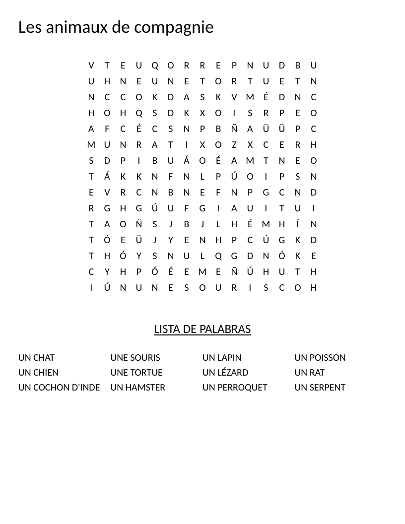 French pets vocabulary word search with words like un chien, un chat, and un lapin.