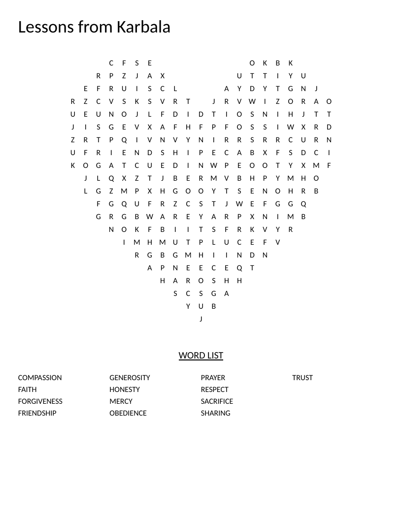 Heart-shaped word search with Islamic values words: honesty, compassion, faith, and sacrifice.