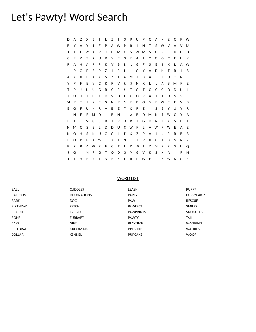 Dog-themed party word search with puppy, pawty, and celebration words.