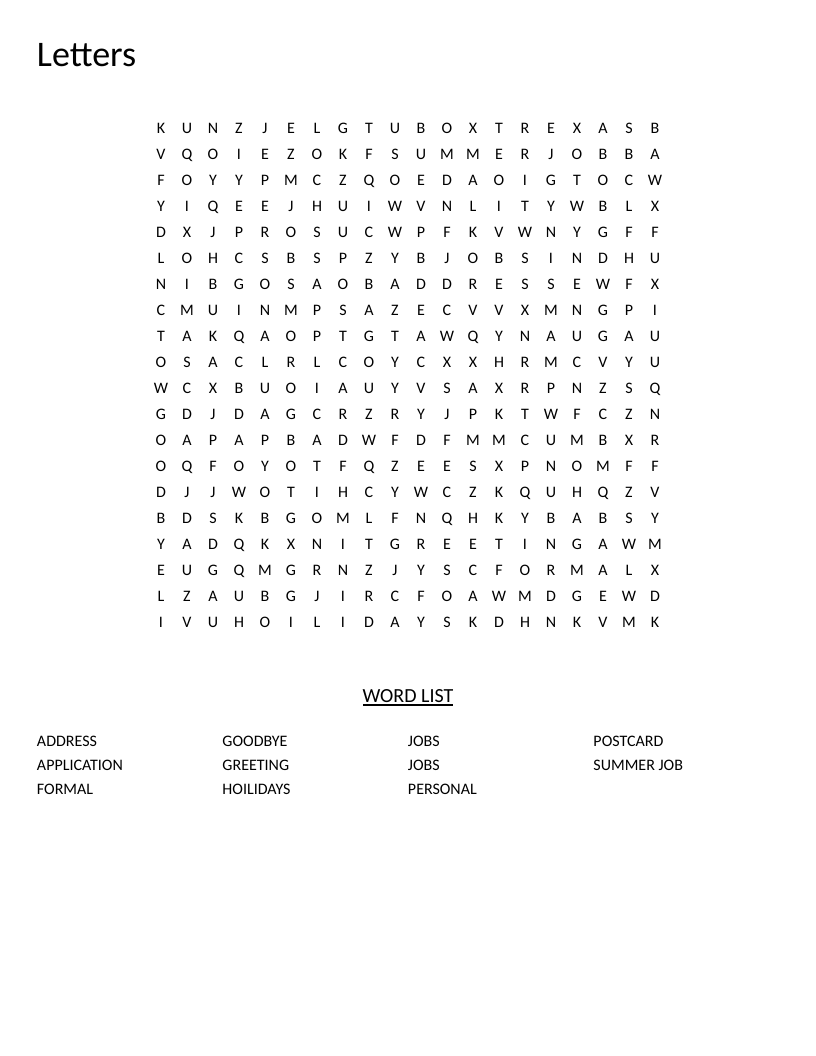 Letters word search with vocabulary including formal, greeting, application, and postcard.