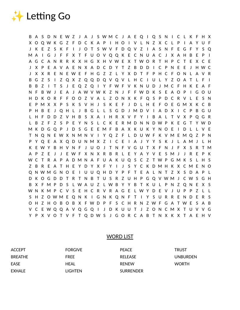 Emotional wellness word search with words like forgive, surrender, peace, and breathe.