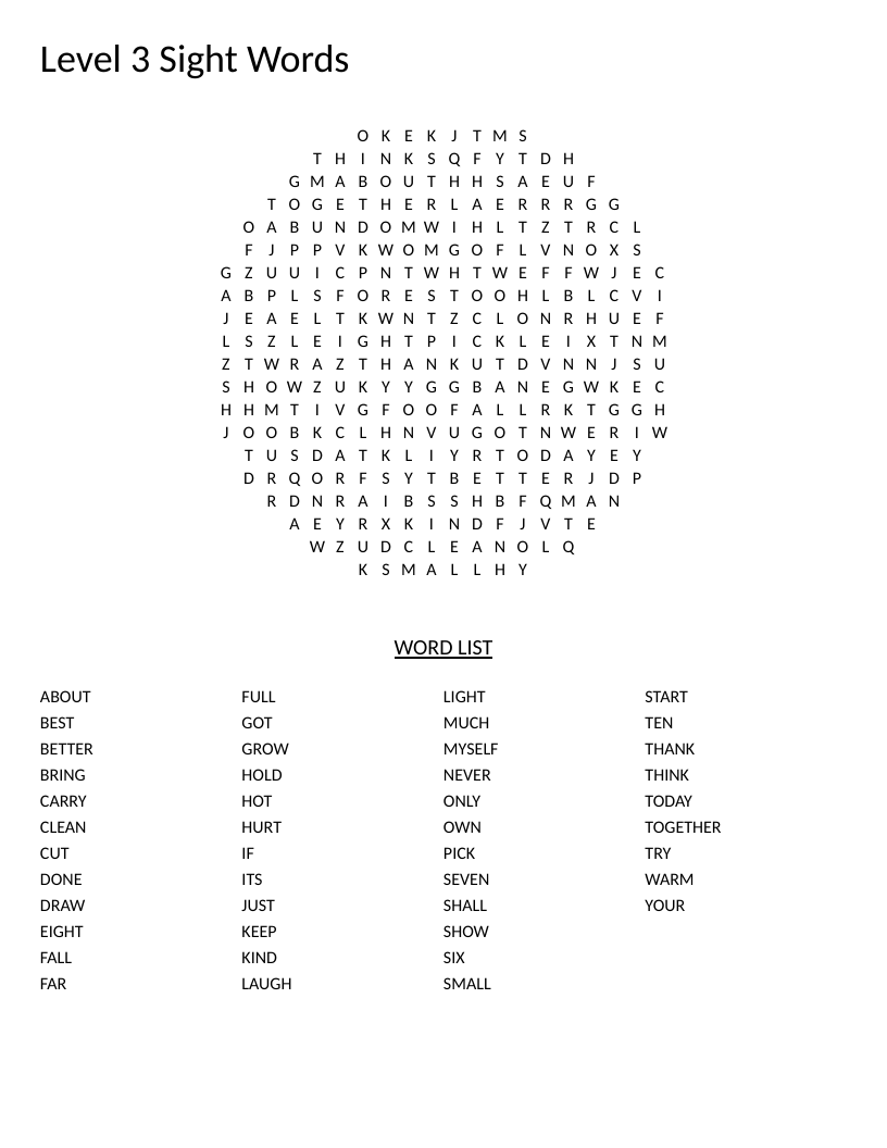Circle-shaped sight words word search with Level 3 high-frequency words like think, together, and better.