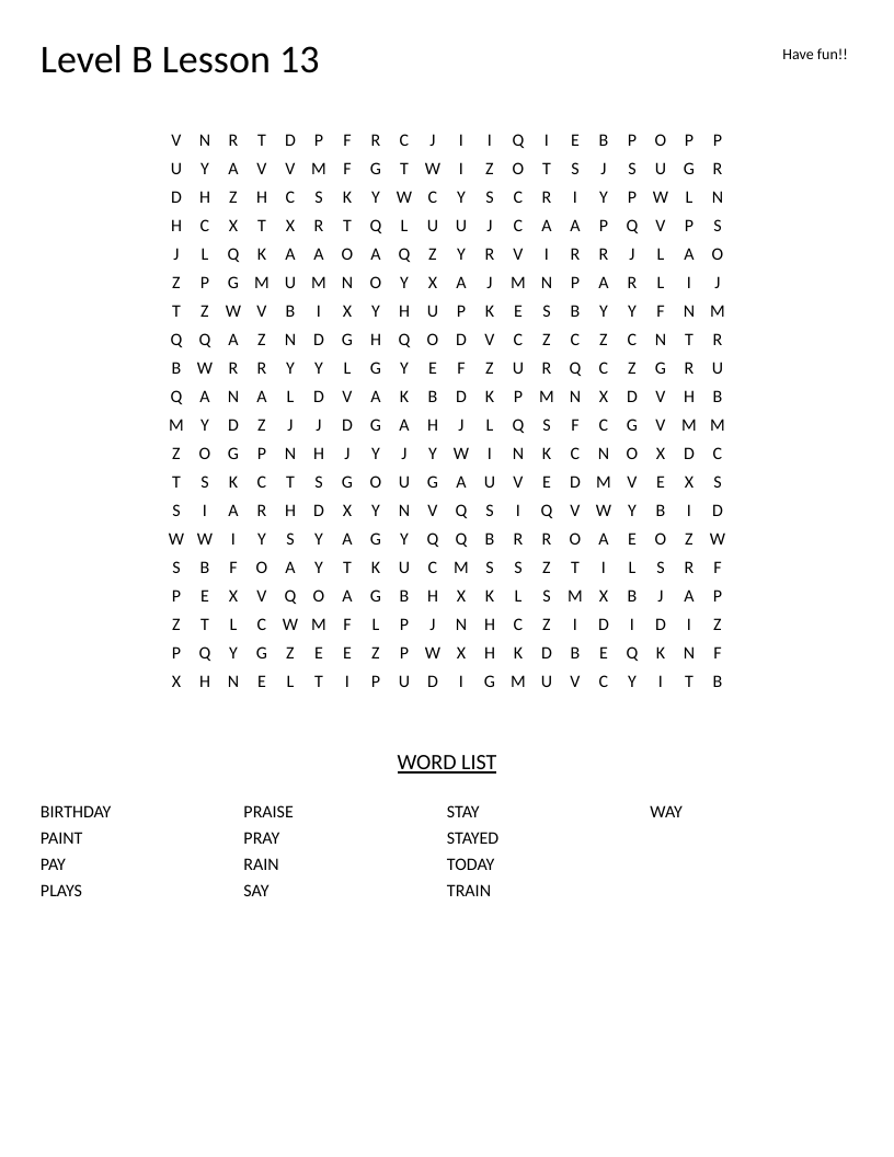 Long A vowel digraph word search with words like birthday, train, and stayed.