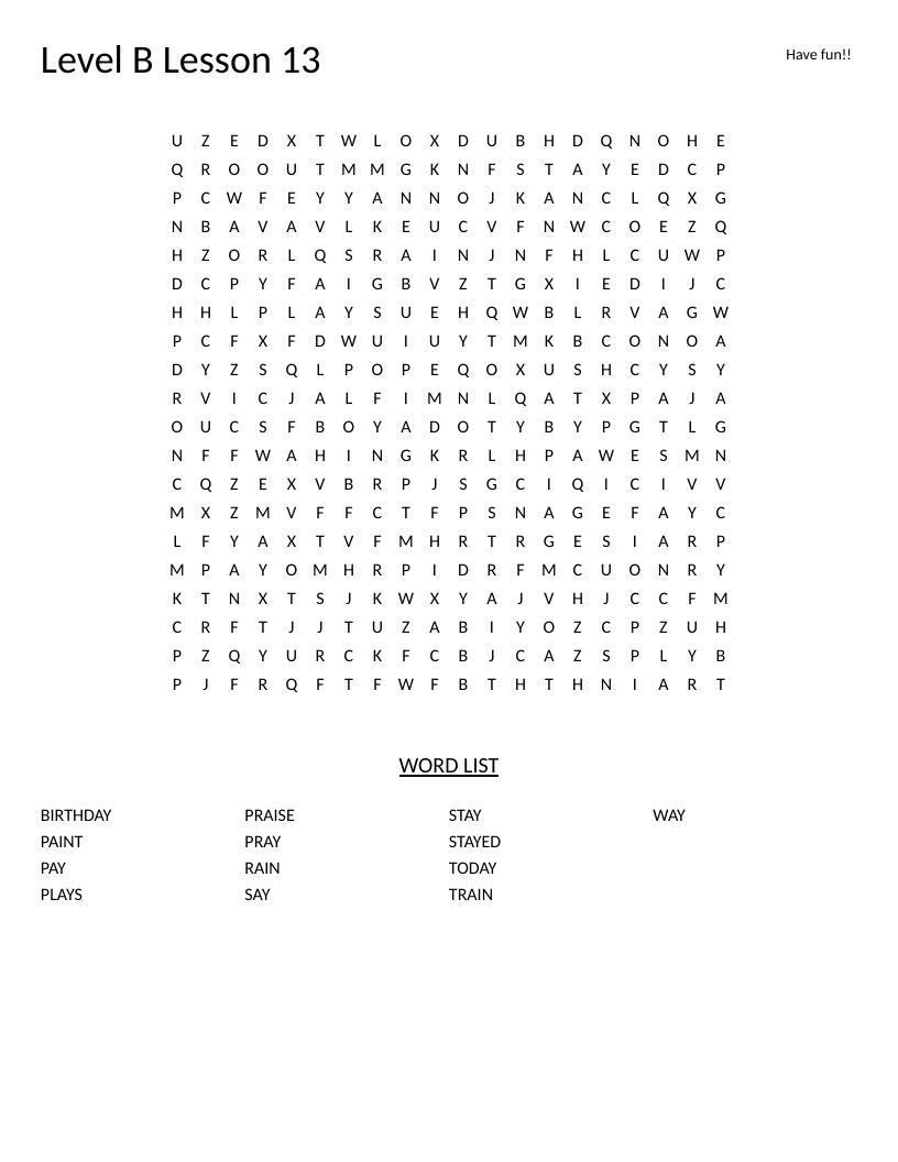 Long A phonics word search with AY-pattern words like birthday, train, and stay.
