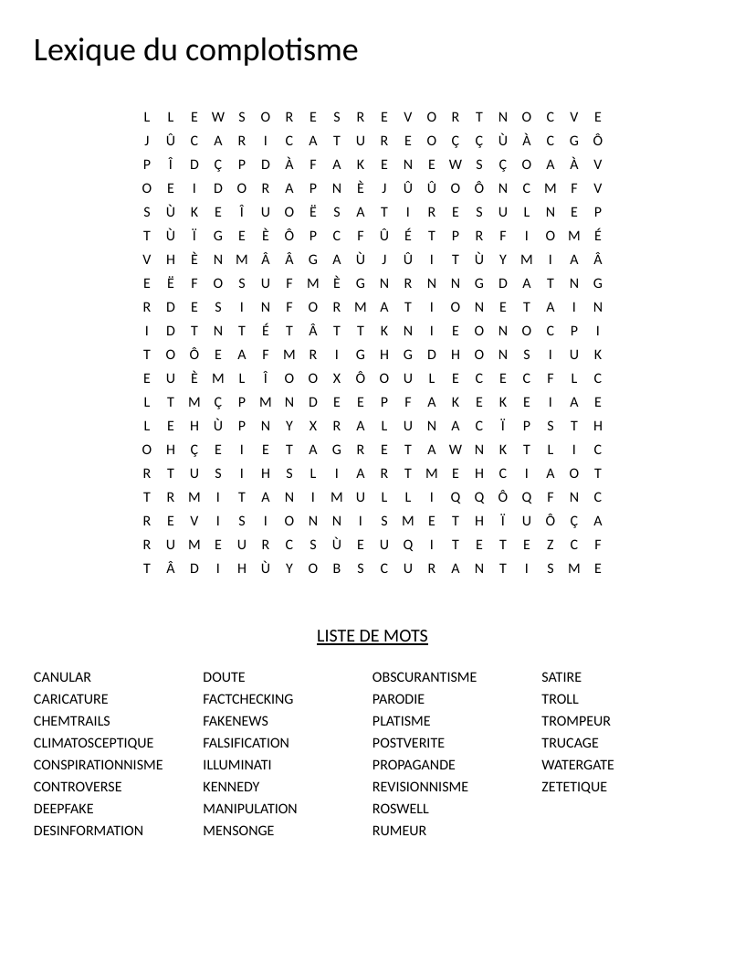French vocabulary word search on conspiracy and misinformation terms including deepfake and désinformation.