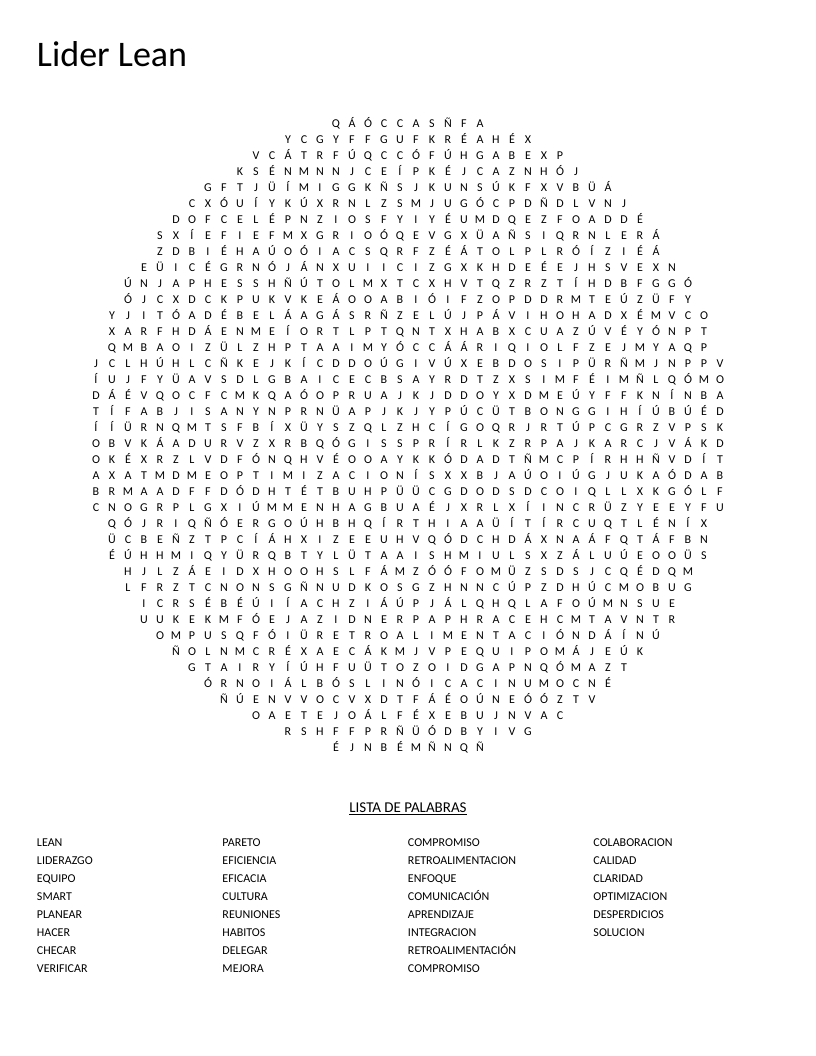 Circular Lean leadership word search in Spanish with words like liderazgo, Pareto, and retroalimentación.