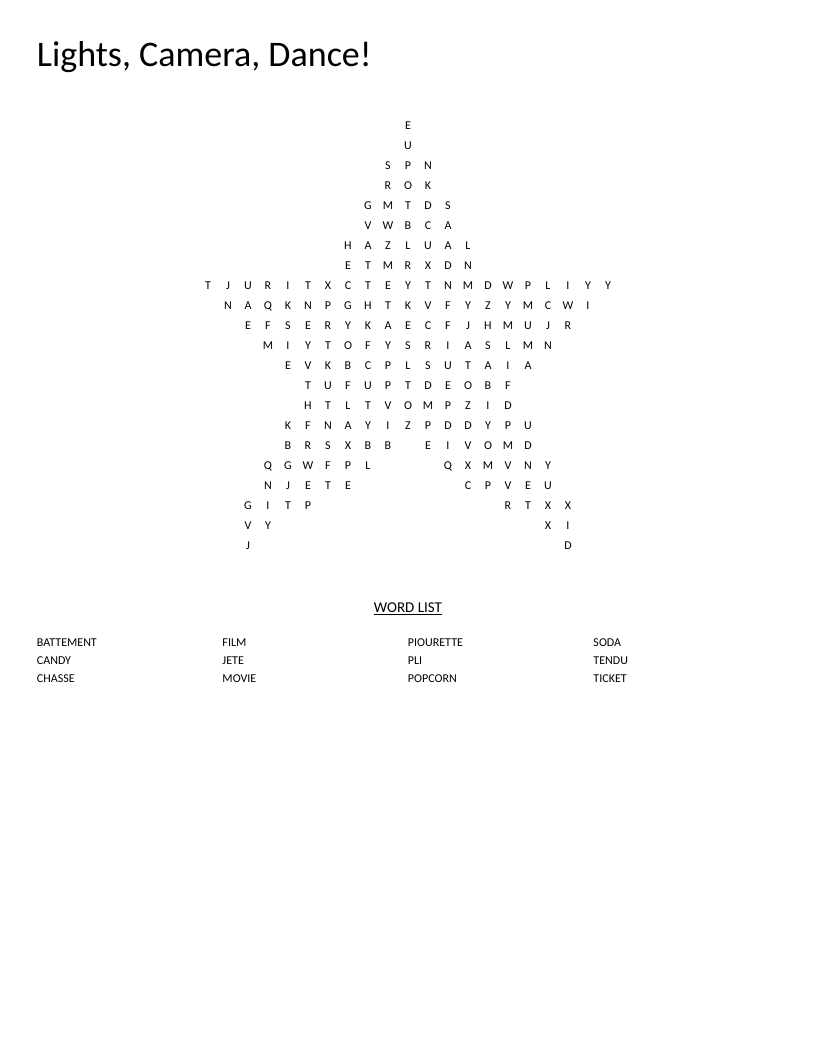 Star-shaped dance and theater word search with ballet terms and movie words.