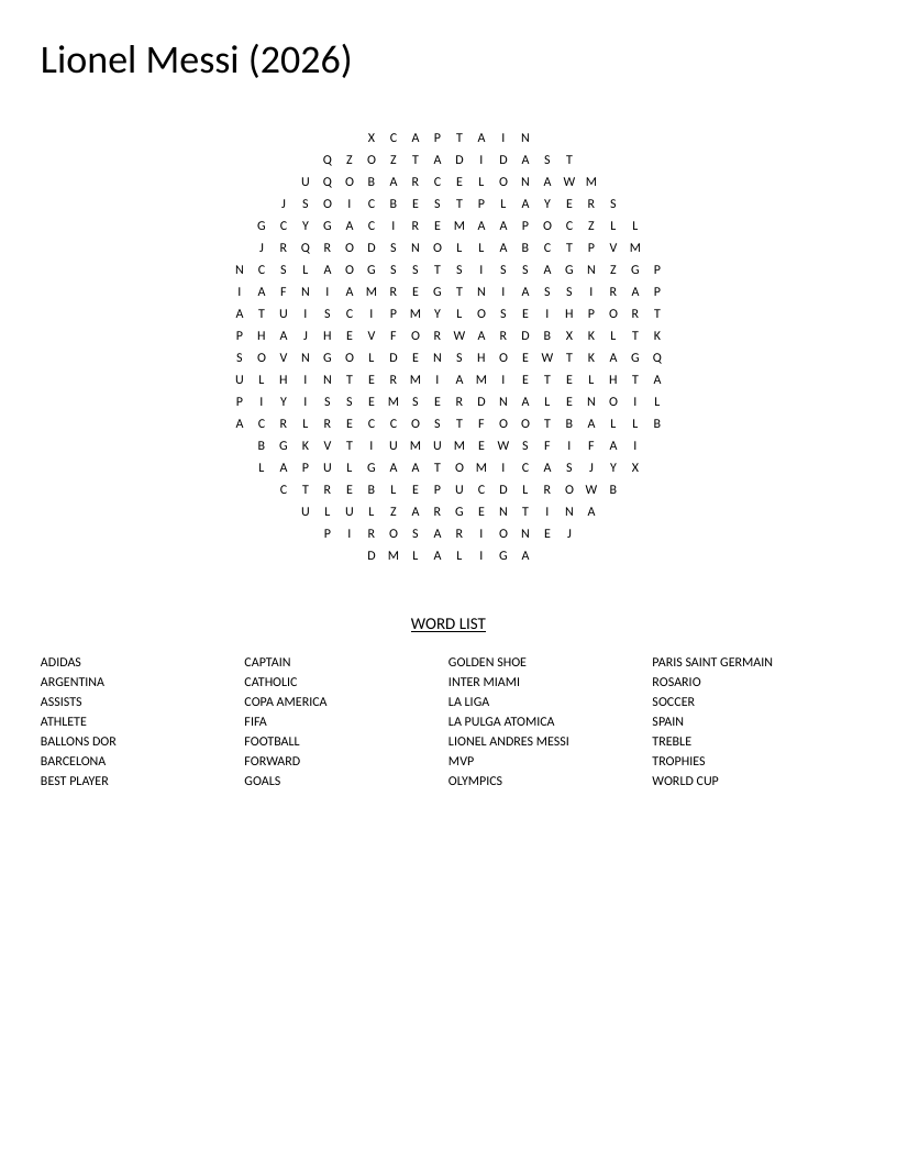 Circle-shaped Lionel Messi soccer word search with words like World Cup, Barcelona, and Argentina.