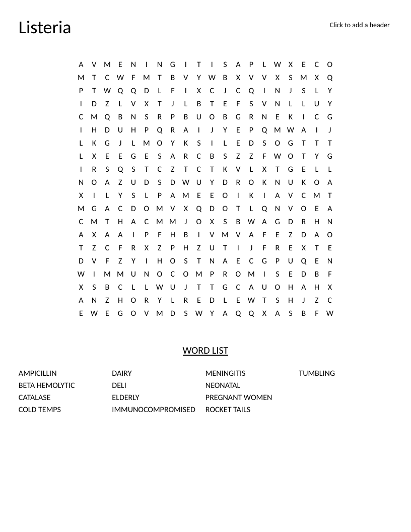 Listeria word search with microbiology terms including beta-hemolytic, meningitis, and dairy.