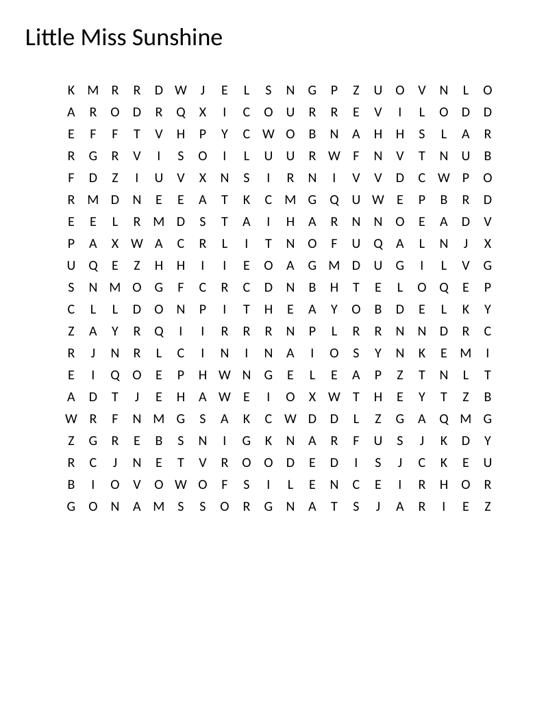 Little Miss Sunshine word search with character and plot keywords from the indie film.