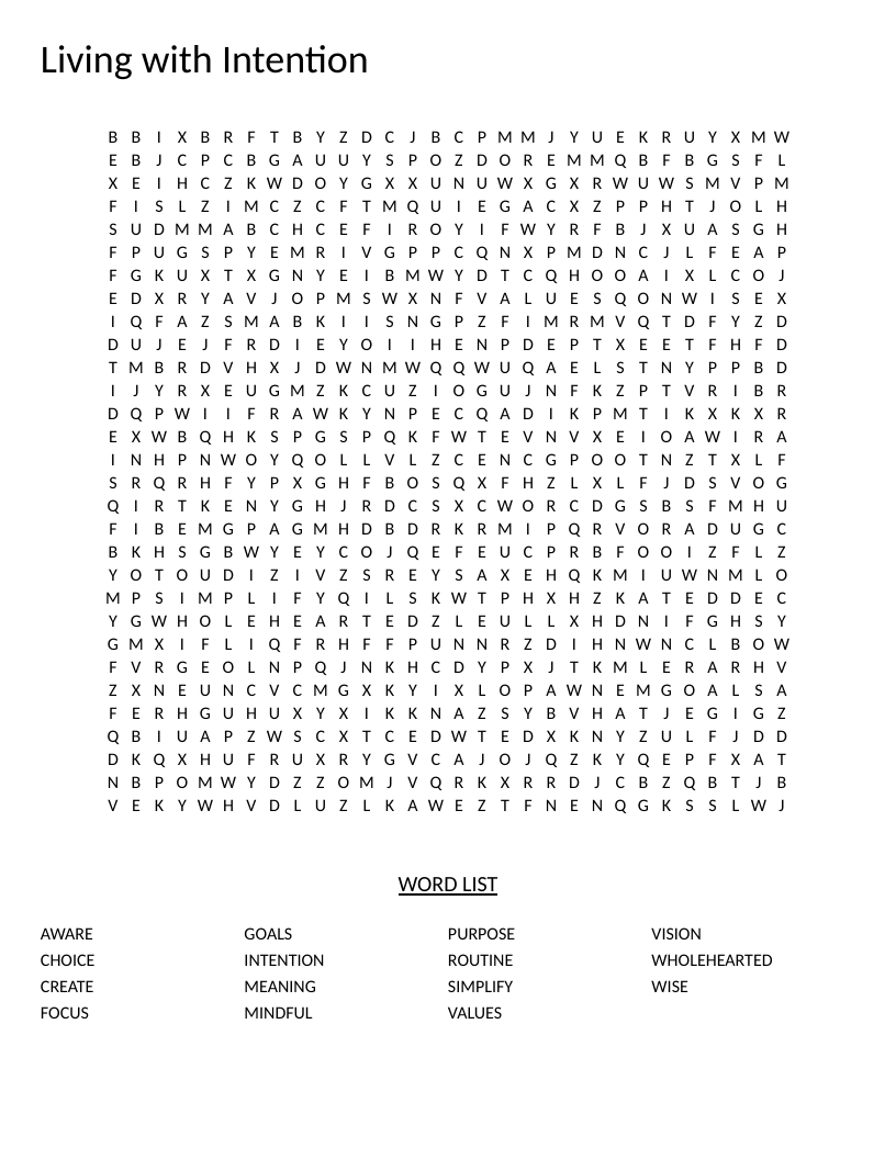 Living with Intention word search with vocabulary on mindfulness, values, and purpose.
