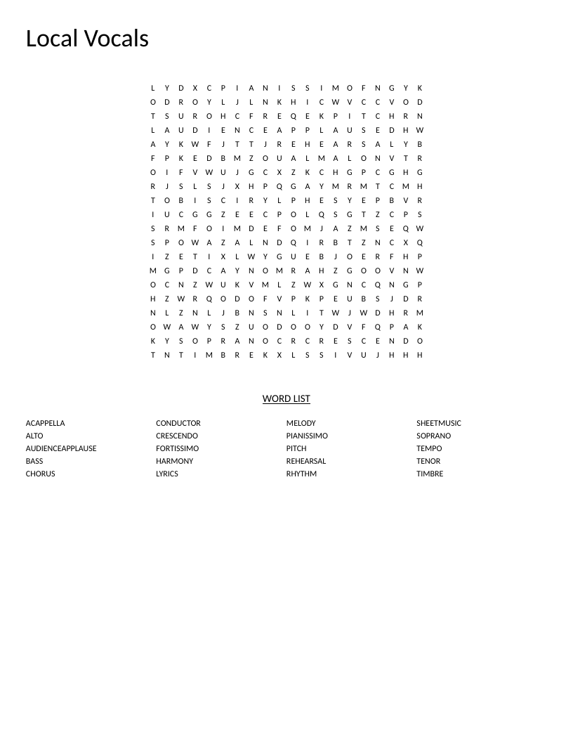 Vocal music word search with terms like soprano, acappella, and crescendo.