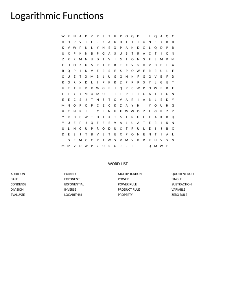 Logarithmic functions word search with terms like exponent, logarithm, and product rule.