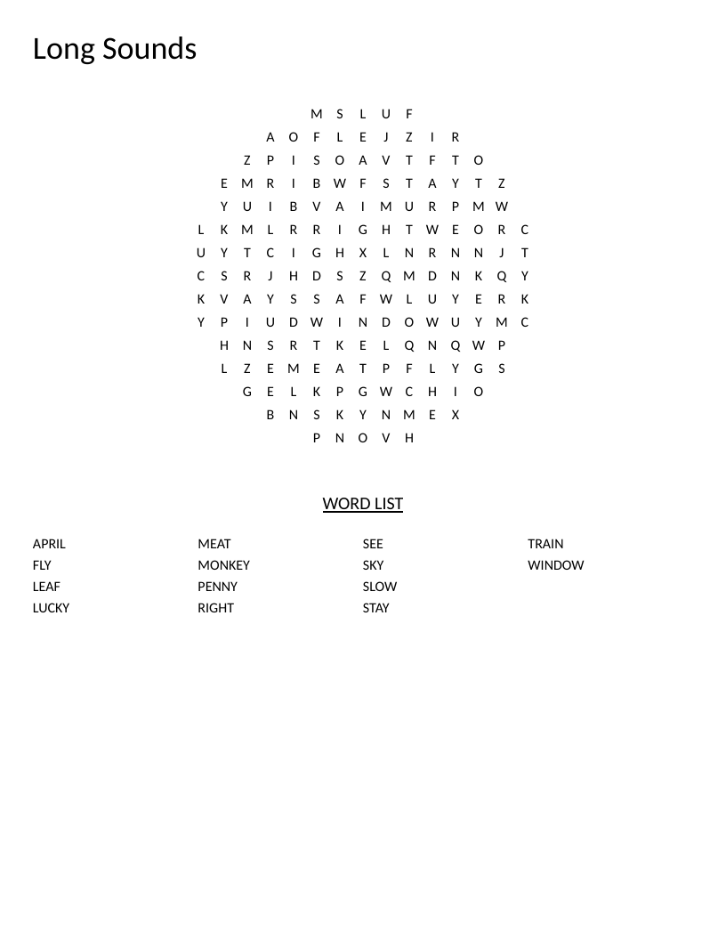 Circle word search for long vowel sounds featuring words like train, leaf, and monkey.