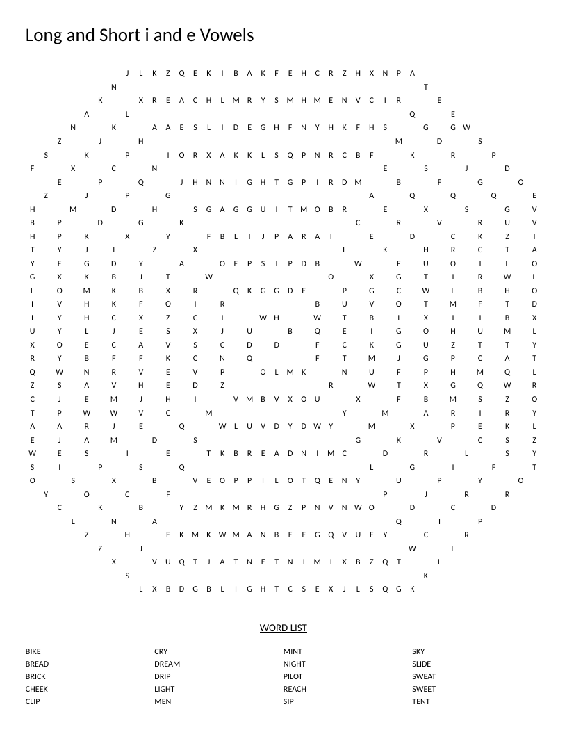 Spiral phonics word search with long and short vowel words including bike, light, and cheek.