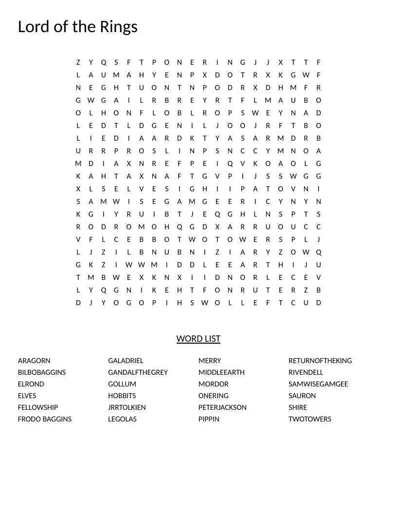 Lord of the Rings word search with characters Frodo, Gandalf, and Legolas, and locations like Rivendell.