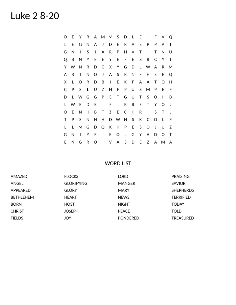 Luke 2:8–20 nativity word search with words like angel, Bethlehem, and shepherds.