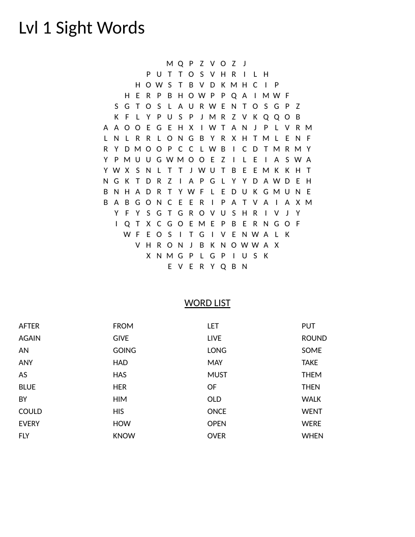 Circle-shaped Level 1 sight words word search with early-reading vocabulary.
