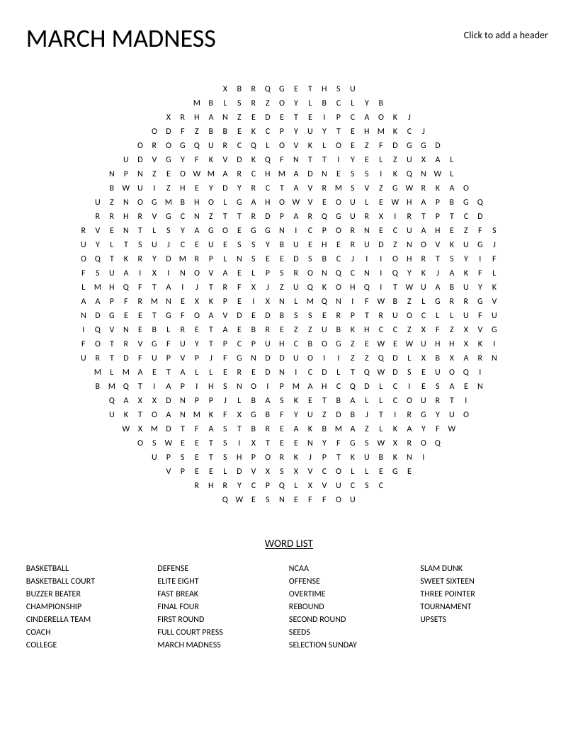 Circle-shaped March Madness word search with basketball terms like buzzer beater and Sweet Sixteen.