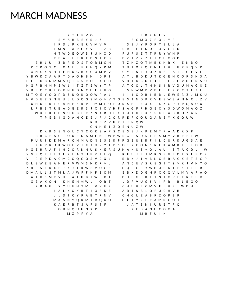 Clover-shaped March Madness word search with college basketball teams and tournament vocabulary.