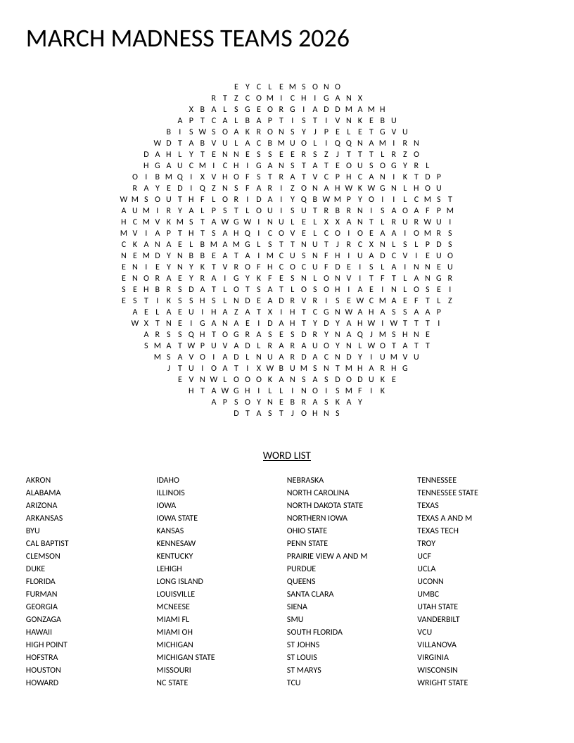 Circle-shaped March Madness word search with NCAA basketball team names like Duke, Kansas, and Gonzaga.