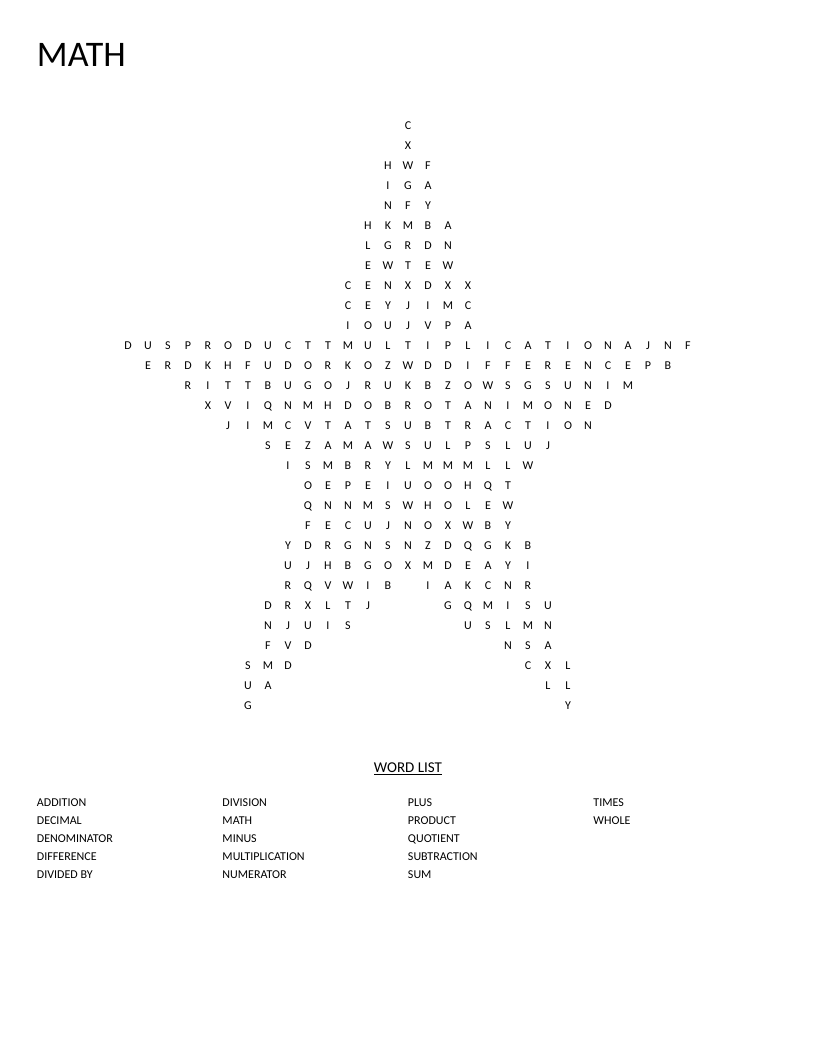 Star-shaped math word search with arithmetic vocabulary including multiplication, division, and numerator.